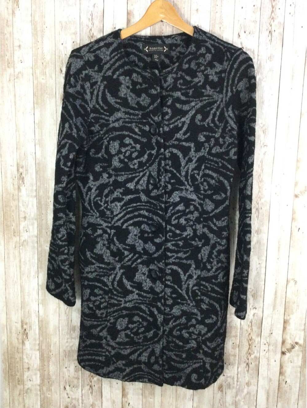 Nanette Lepore Button Down Cardigan Coat Size M Black Gray Wool Blend New